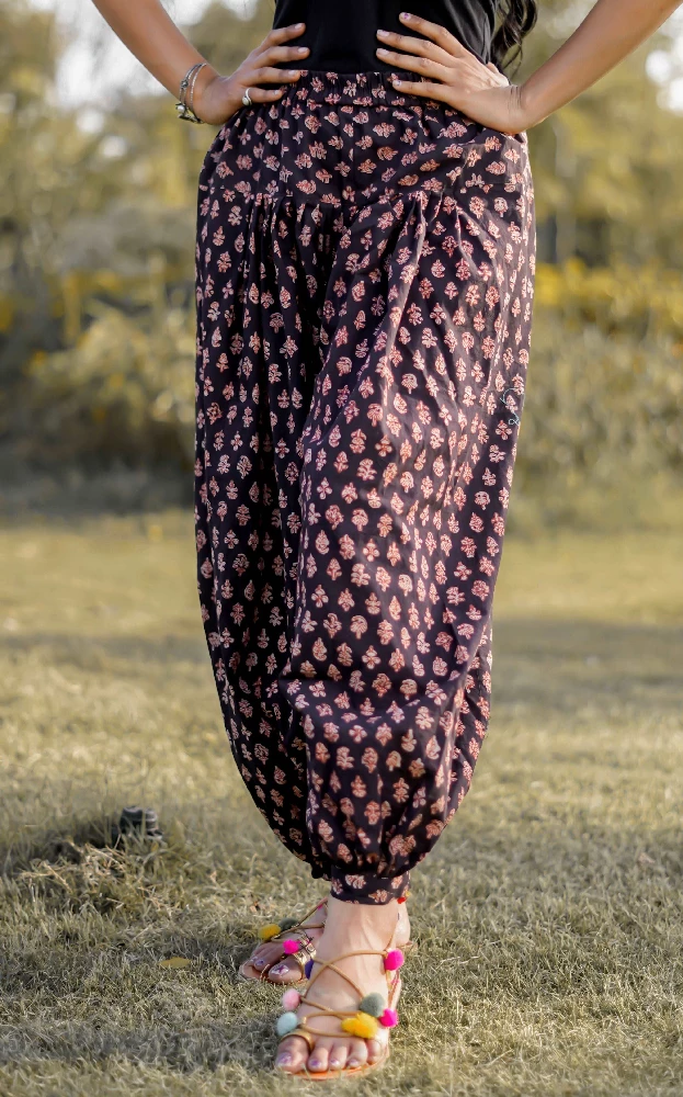 Black Haram Cum Dhoti Cotton Pants with Bagru Handblock Print-2.webp